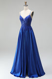 A-line Royal Blue Appliques raso paillettes, spalline a perline, spalline a fine Abito lungo da ballo