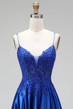 A-line Royal Blue Appliques raso paillettes, spalline a perline, spalline a fine Abito lungo da ballo