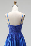 A-line Royal Blue Appliques raso paillettes, spalline a perline, spalline a fine Abito lungo da ballo
