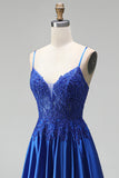 A-line Royal Blue Appliques raso paillettes, spalline a perline, spalline a fine Abito lungo da ballo