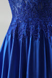 A-line Royal Blue Appliques raso paillettes, spalline a perline, spalline a fine Abito lungo da ballo