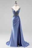 Appliques blu polverosi in strass, sirena in raso con scollo a V arricciata paillettes, lungo abito da ballo con fessura