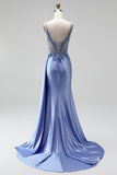 Appliques blu polverosi in strass, sirena in raso con scollo a V arricciata paillettes, lungo abito da ballo con fessura