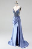 Appliques blu polverosi in strass, sirena in raso con scollo a V arricciata paillettes, lungo abito da ballo con fessura