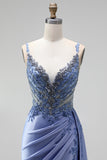 Appliques blu polverosi in strass, sirena in raso con scollo a V arricciata paillettes, lungo abito da ballo con fessura