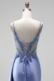 Appliques blu polverosi in strass, sirena in raso con scollo a V arricciata paillettes, lungo abito da ballo con fessura