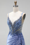 Appliques blu polverosi in strass, sirena in raso con scollo a V arricciata paillettes, lungo abito da ballo con fessura