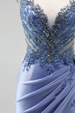 Appliques blu polverosi in strass, sirena in raso con scollo a V arricciata paillettes, lungo abito da ballo con fessura