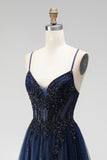Corsetto a linea blu navy glitter, tule paillettes, appliche spalline a spalline lunghe, abito da ballo lungo