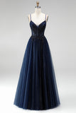 Corsetto a linea blu navy glitter, tule paillettes, appliche spalline a spalline lunghe, abito da ballo lungo