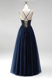 Corsetto a linea blu navy glitter, tule paillettes, appliche spalline a spalline lunghe, abito da ballo lungo