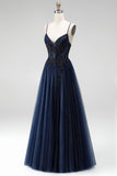 Corsetto a linea blu navy glitter, tule paillettes, appliche spalline a spalline lunghe, abito da ballo lungo