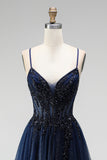 Corsetto a linea blu navy glitter, tule paillettes, appliche spalline a spalline lunghe, abito da ballo lungo