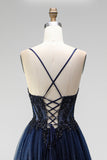 Corsetto a linea blu navy glitter, tule paillettes, appliche spalline a spalline lunghe, abito da ballo lungo