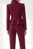 Vestiti da donna a 2 pezzi Peplum con scollo a V in scialle bordeaux con sguardo a sacco lungo,