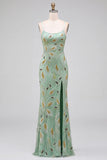 Vestito da ballo lungo con spalline a spalline verde con pizzo sulla schiena