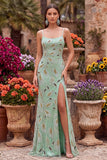 Vestito da ballo lungo con spalline a spalline verde con pizzo sulla schiena