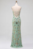 Vestito da ballo lungo con spalline a spalline verde con pizzo sulla schiena