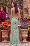 Vestito da ballo lungo con spalline a spalline verde con pizzo sulla schiena