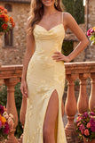 Abito da ballo da ballo a spalline spalline con spalline spalmante in scollo a cappuccio giallo