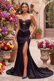 Abito Maxi senza spalline con corsetto nero di raso con spalline e fessura laterale