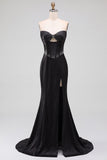 Abito Maxi senza spalline con corsetto nero di raso con spalline e fessura laterale