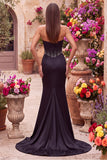 Abito Maxi senza spalline con corsetto nero di raso con spalline e fessura laterale