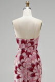 Abito lungo da cerimonia rosa con paillettes a sirena senza spalline tulle drappeggiato e staccabile con spacco