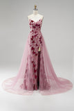 Abito lungo da cerimonia rosa con paillettes a sirena senza spalline tulle drappeggiato e staccabile con spacco