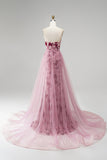 Abito lungo da cerimonia rosa con paillettes a sirena senza spalline tulle drappeggiato e staccabile con spacco