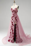 Abito lungo da cerimonia rosa con paillettes a sirena senza spalline tulle drappeggiato e staccabile con spacco
