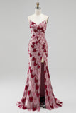Abito lungo da cerimonia rosa con paillettes a sirena senza spalline tulle drappeggiato e staccabile con spacco