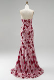 Abito lungo da cerimonia rosa con paillettes a sirena senza spalline tulle drappeggiato e staccabile con spacco