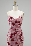 Abito lungo da cerimonia rosa con paillettes a sirena senza spalline tulle drappeggiato e staccabile con spacco