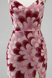 Abito lungo da cerimonia rosa con paillettes a sirena senza spalline tulle drappeggiato e staccabile con spacco