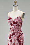 Abito lungo da cerimonia rosa con paillettes a sirena senza spalline tulle drappeggiato e staccabile con spacco
