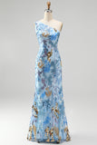 Abito lungo da cerimonia blu con paillettes scintillanti monospalla stile sirena con perline