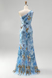 Abito lungo da cerimonia blu con paillettes scintillanti monospalla stile sirena con perline