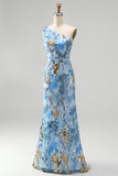 Abito lungo da cerimonia blu con paillettes scintillanti monospalla stile sirena con perline