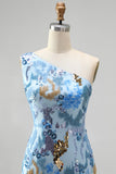 Abito lungo da cerimonia blu con paillettes scintillanti monospalla stile sirena con perline