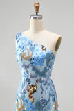 Abito lungo da cerimonia blu con paillettes scintillanti monospalla stile sirena con perline