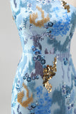 Abito lungo da cerimonia blu con paillettes scintillanti monospalla stile sirena con perline
