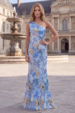 Abito lungo da cerimonia blu con paillettes scintillanti monospalla stile sirena con perline