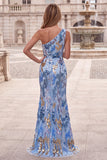 Abito lungo da cerimonia blu con paillettes scintillanti monospalla stile sirena con perline