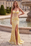 Corsetto Sirena Giallo Abito da cerimonia Anno Lungo Senza Spalline con Apertura