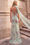 Abito da cerimonia lungo senza spalline con fascia di fine anno verde chiaro con paillettes a sirena chiaro