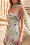 Abito da cerimonia lungo senza spalline con fascia di fine anno verde chiaro con paillettes a sirena chiaro