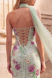Abito da cerimonia lungo senza spalline con fascia di fine anno verde chiaro con paillettes a sirena chiaro