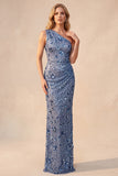 Paillettes blu ardesia Vestito elegante lungo arricciato su una spalla
