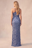 Paillettes blu ardesia Vestito elegante lungo arricciato su una spalla